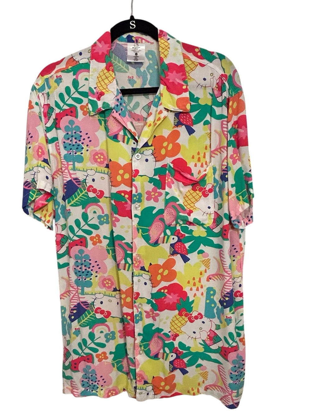 Hello Kitty Men's Rare Colorful Floral Short-Sleeve Button-Up Camp Shirt Size XL